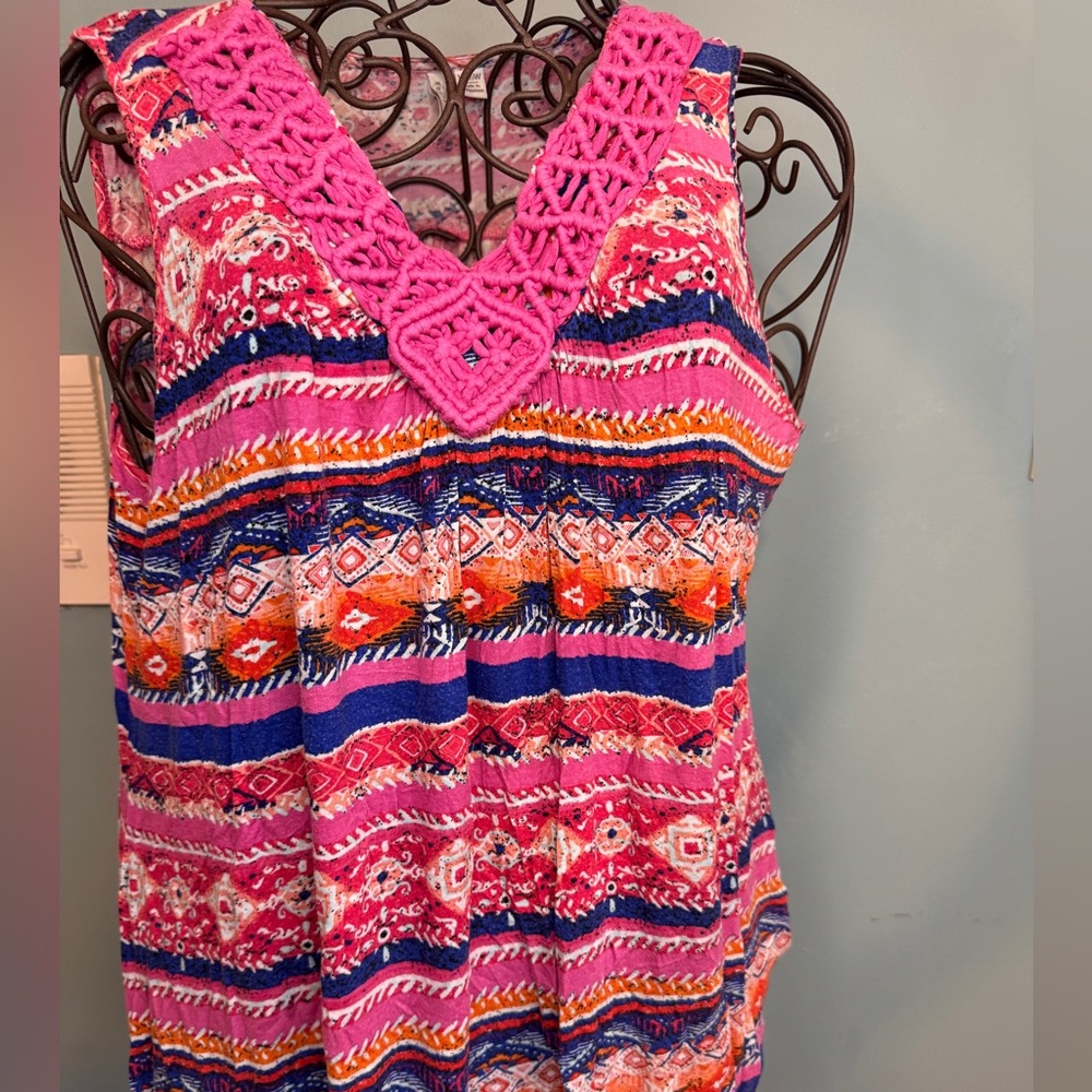 Boho Pink Crochet V-Neck Striped Women’s Tank Top 14/16W
